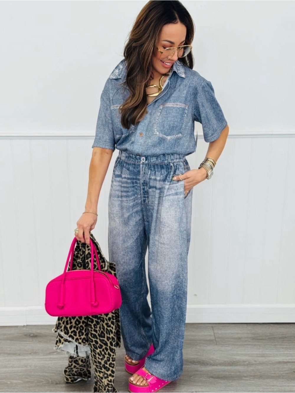 Faux Washed Denim Blue Utility Jumpsuit